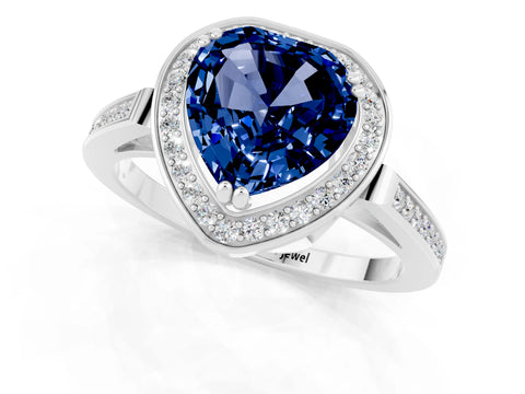White gold Heart Cut Blue Sapphire Halo Ring with Split Shank and Four-Prong Setting_13