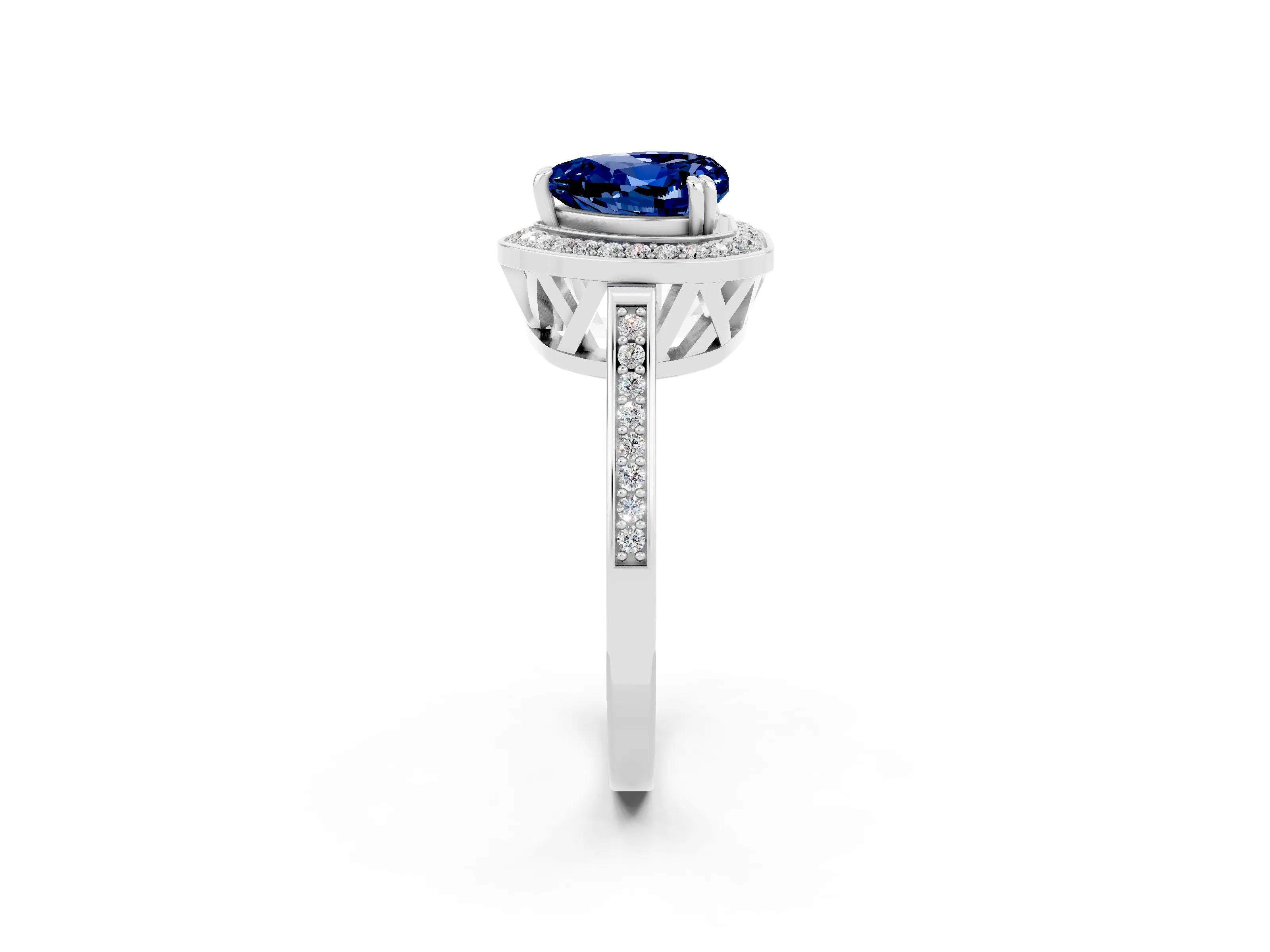 White gold Heart Cut Blue Sapphire Halo Ring with Split Shank and Four-Prong Setting_14