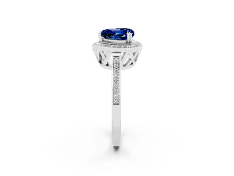 White gold Heart Cut Blue Sapphire Halo Ring with Split Shank and Four-Prong Setting_14