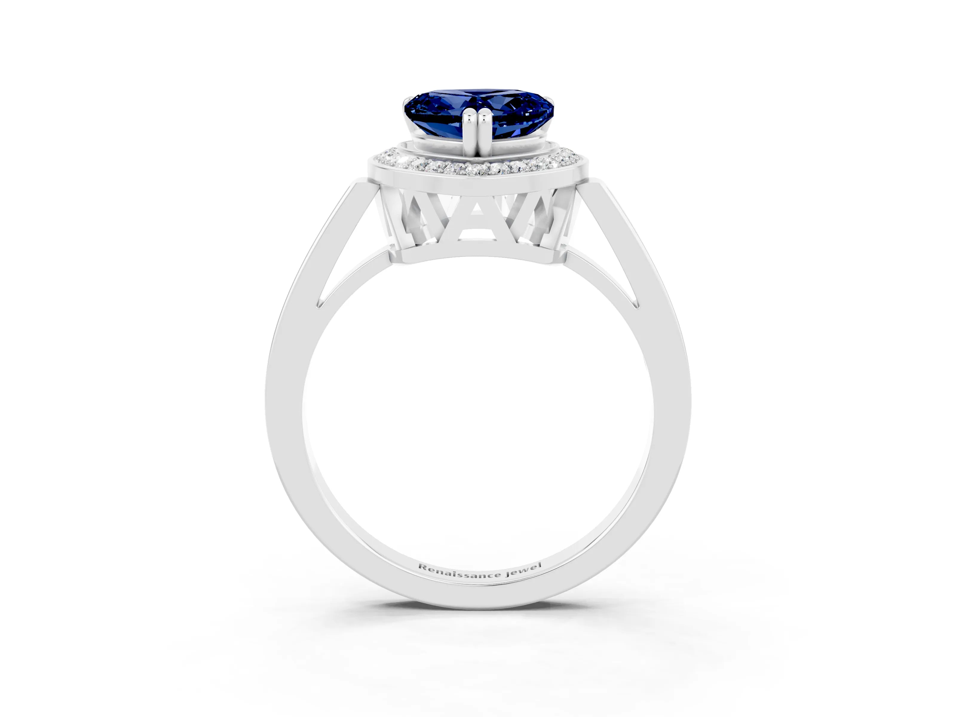 White gold Heart Cut Blue Sapphire Halo Ring with Split Shank and Four-Prong Setting_15