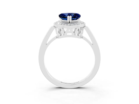White gold Heart Cut Blue Sapphire Halo Ring with Split Shank and Four-Prong Setting_15