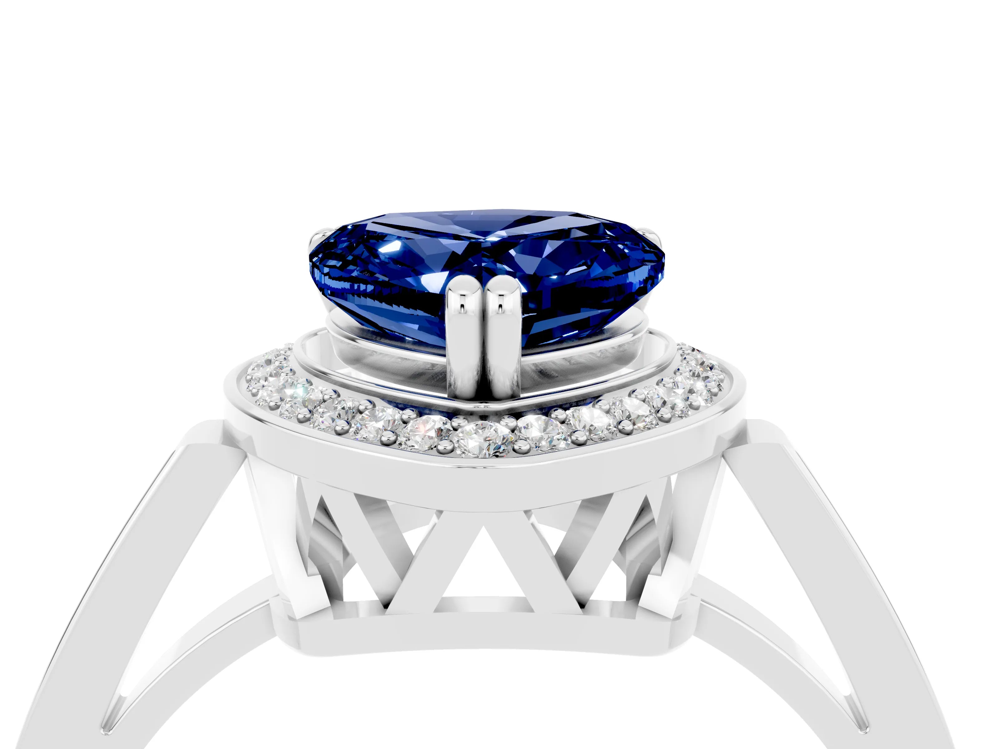 White gold Heart Cut Blue Sapphire Halo Ring with Split Shank and Four-Prong Setting_16