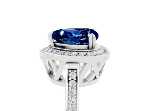 White gold Heart Cut Blue Sapphire Halo Ring with Split Shank and Four-Prong Setting_17