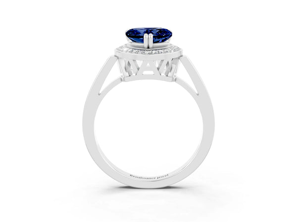 White gold Heart Cut Blue Sapphire Halo Ring with Split Shank and Four-Prong Setting