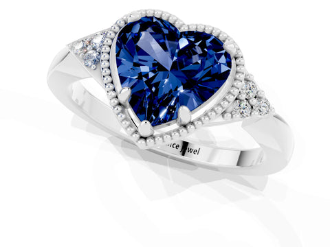 White gold Heart Cut Blue Sapphire Halo Ring with Tapered Band and Four-Prong Setting_1