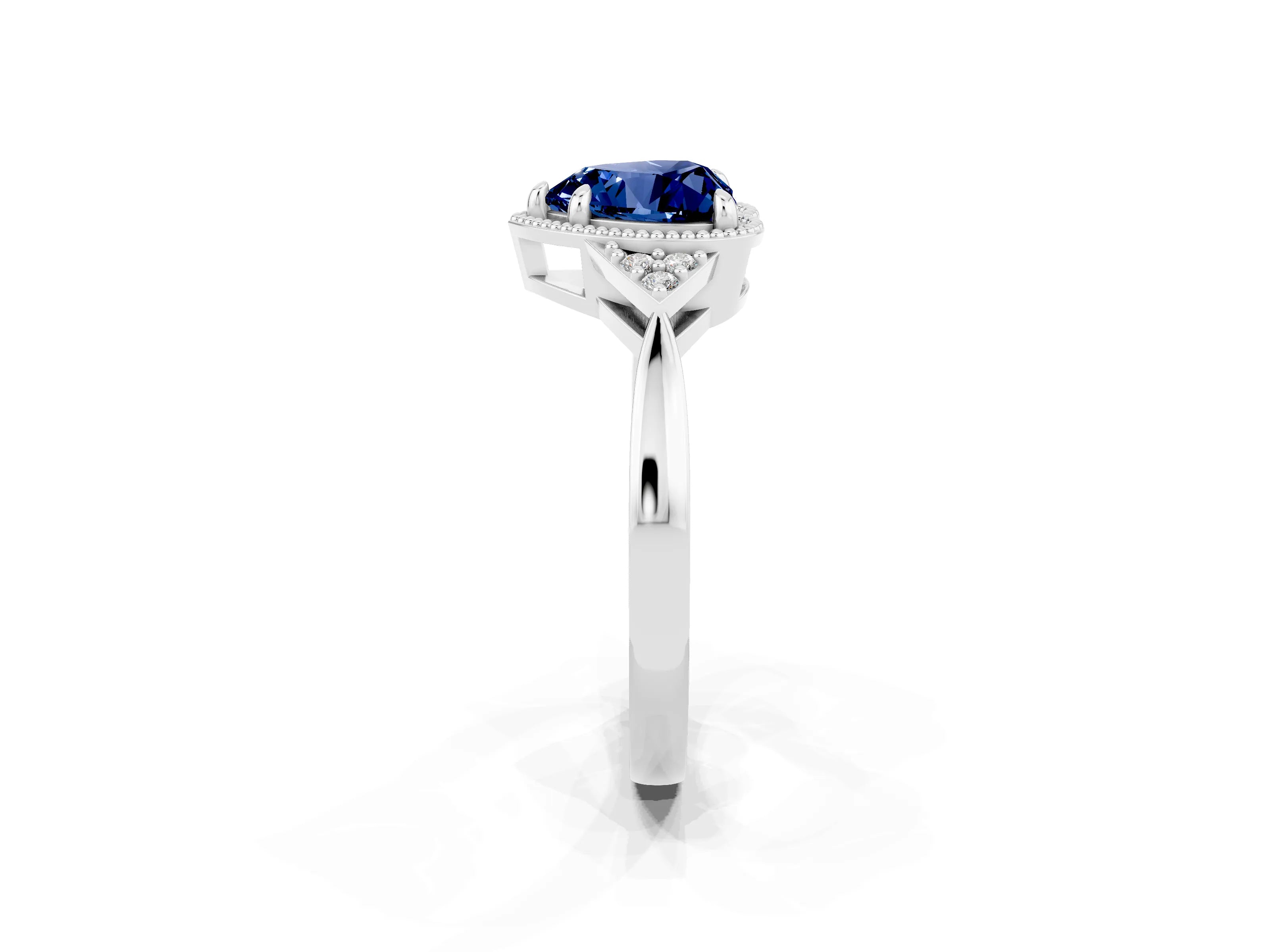 White gold Heart Cut Blue Sapphire Halo Ring with Tapered Band and Four-Prong Setting_2