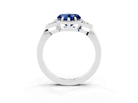 White gold Heart Cut Blue Sapphire Halo Ring with Tapered Band and Four-Prong Setting_3
