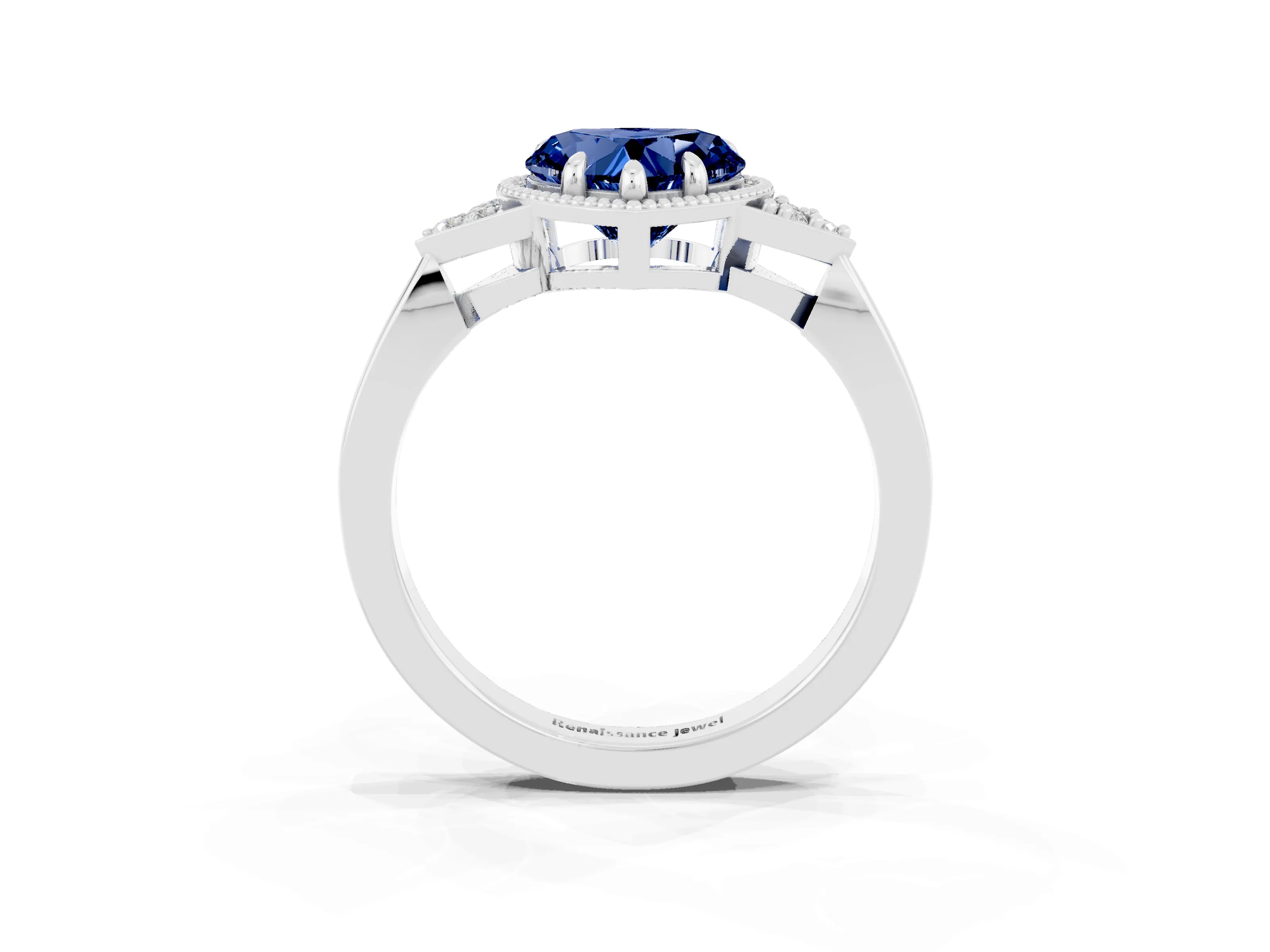 White gold Heart Cut Blue Sapphire Halo Ring with Tapered Band and Four-Prong Setting_3