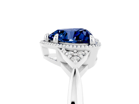White gold Heart Cut Blue Sapphire Halo Ring with Tapered Band and Four-Prong Setting_5