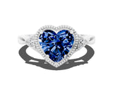 White gold Heart Cut Blue Sapphire Halo Ring with Tapered Band and Four-Prong Setting