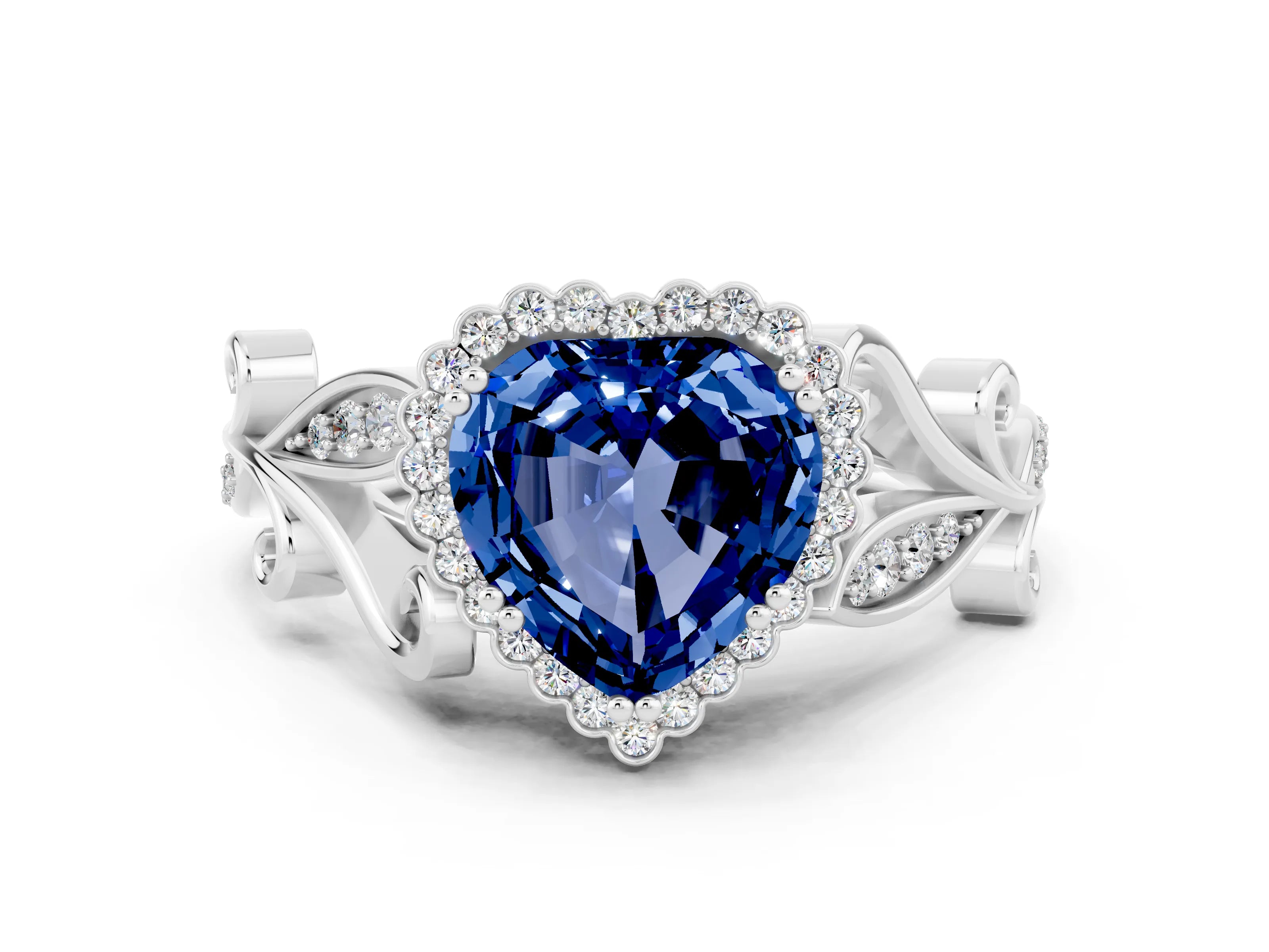 White gold Heart Cut Blue Sapphire Halo Ring with Vintage Split Shank and Four-Prong Setting_24