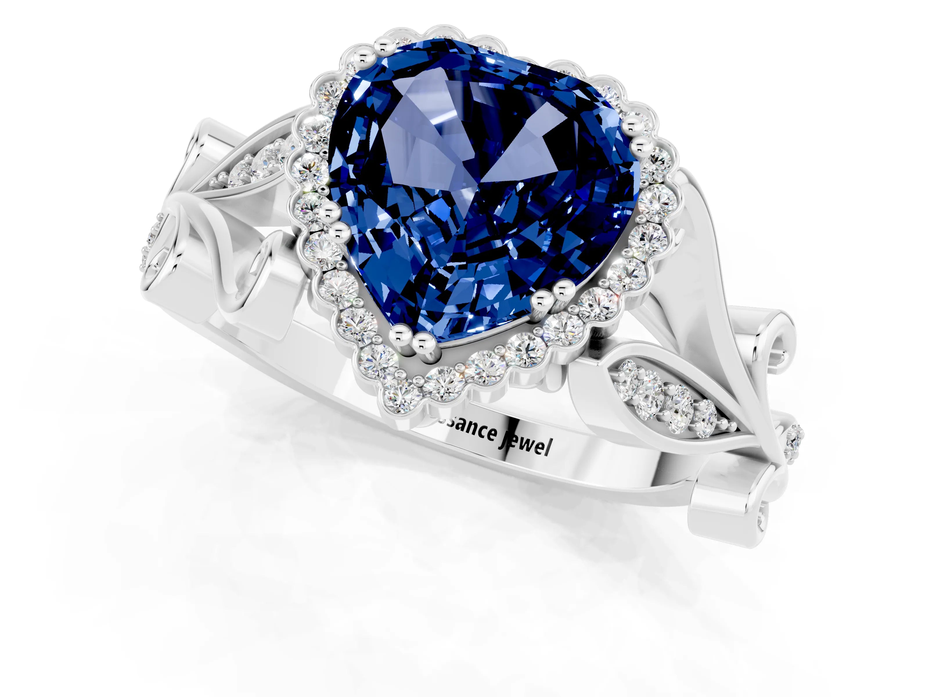 White gold Heart Cut Blue Sapphire Halo Ring with Vintage Split Shank and Four-Prong Setting_25
