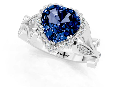 White gold Heart Cut Blue Sapphire Halo Ring with Vintage Split Shank and Four-Prong Setting_25