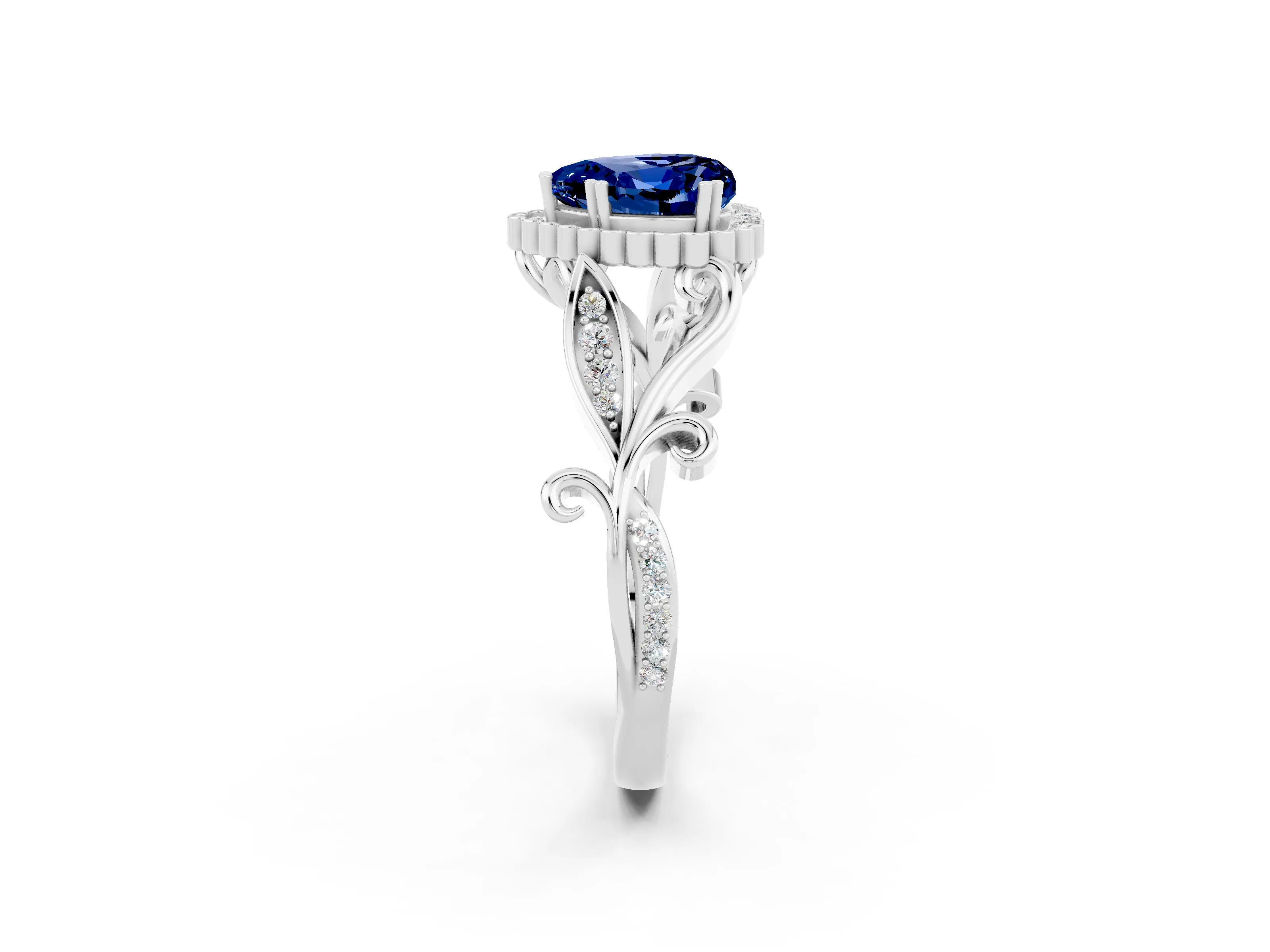White gold Heart Cut Blue Sapphire Halo Ring with Vintage Split Shank and Four-Prong Setting_26