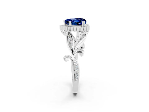 White gold Heart Cut Blue Sapphire Halo Ring with Vintage Split Shank and Four-Prong Setting_26