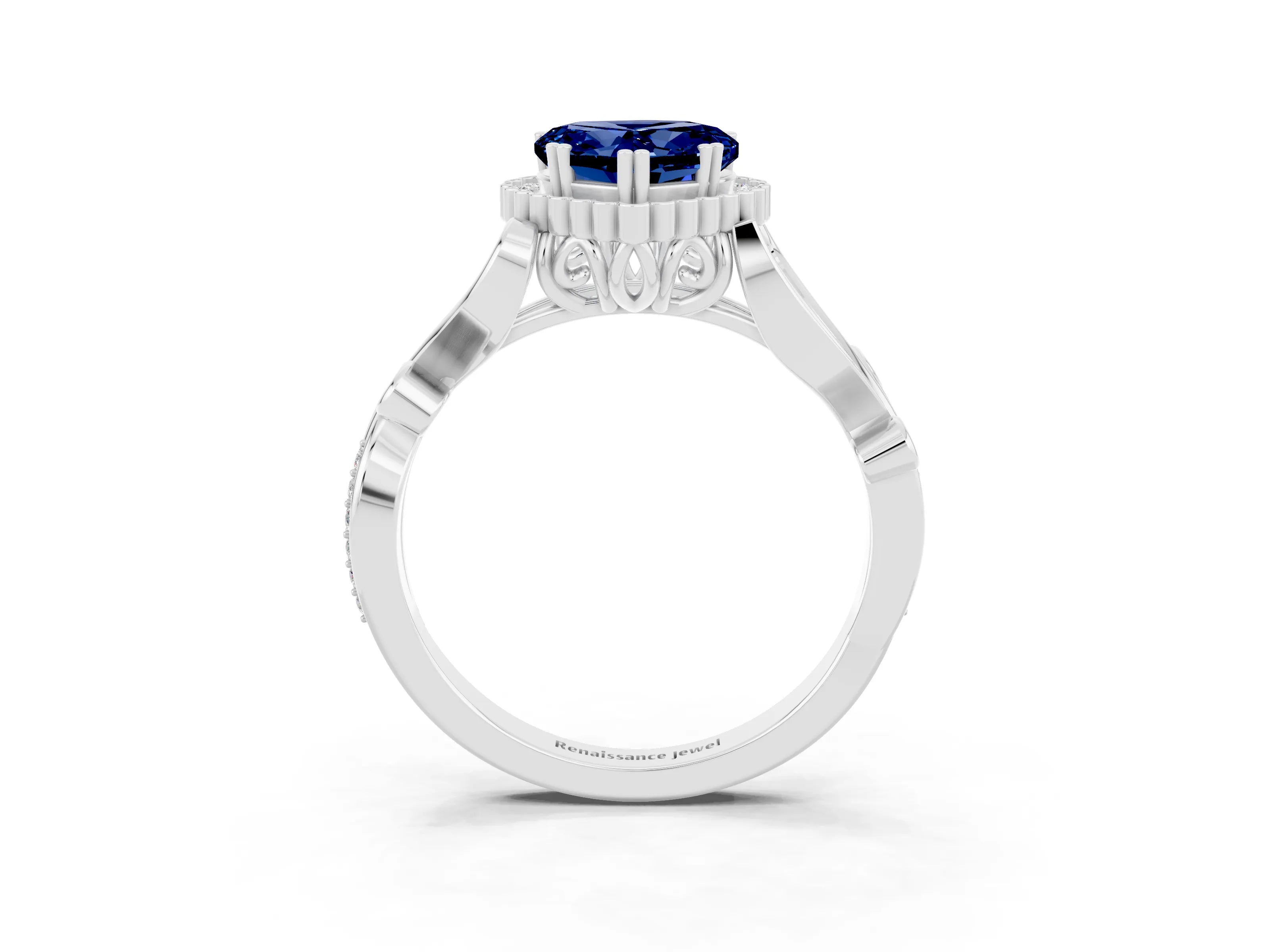White gold Heart Cut Blue Sapphire Halo Ring with Vintage Split Shank and Four-Prong Setting_27
