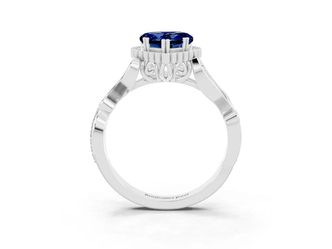 White gold Heart Cut Blue Sapphire Halo Ring with Vintage Split Shank and Four-Prong Setting_27