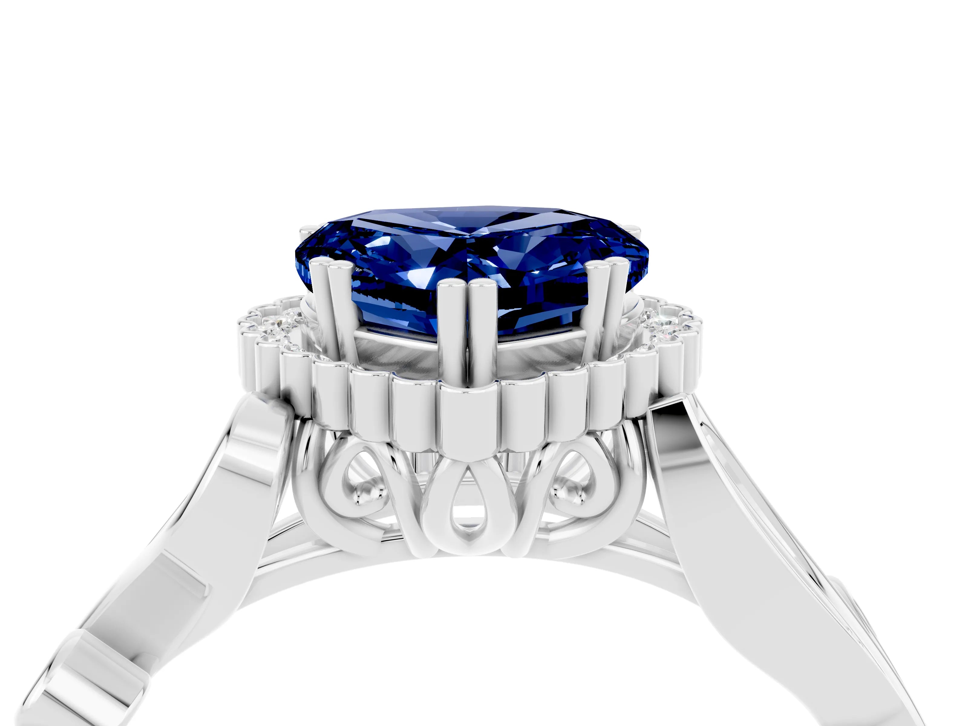 White gold Heart Cut Blue Sapphire Halo Ring with Vintage Split Shank and Four-Prong Setting_28