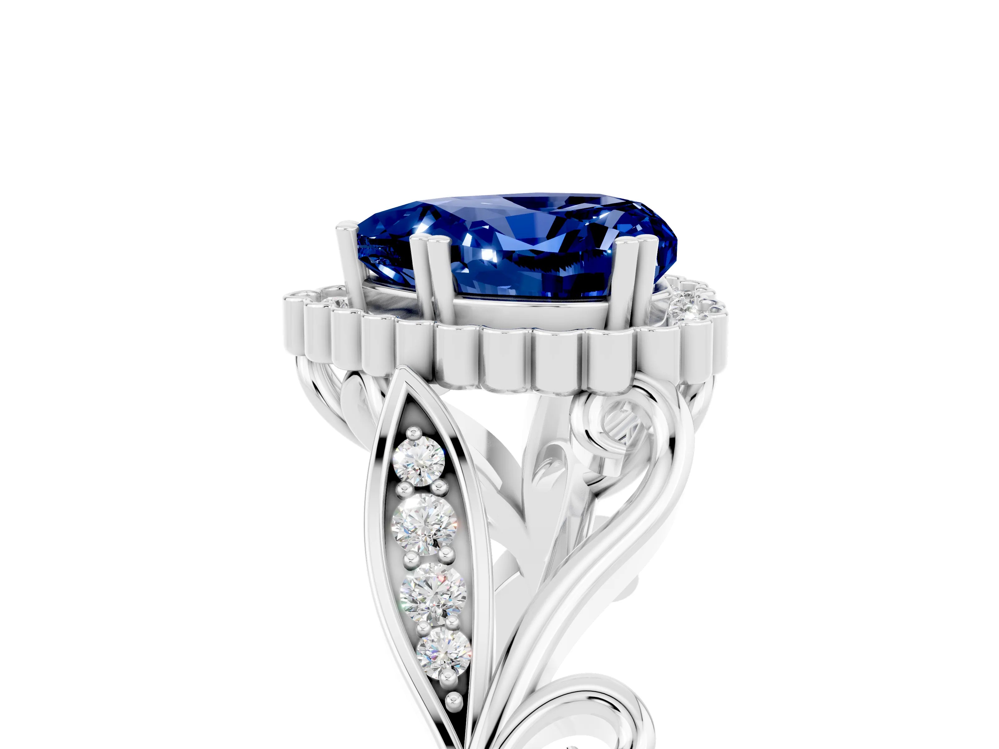 White gold Heart Cut Blue Sapphire Halo Ring with Vintage Split Shank and Four-Prong Setting_29