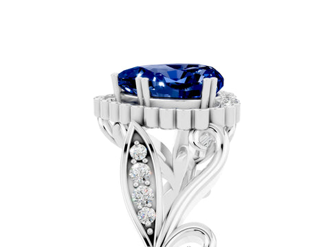 White gold Heart Cut Blue Sapphire Halo Ring with Vintage Split Shank and Four-Prong Setting_29