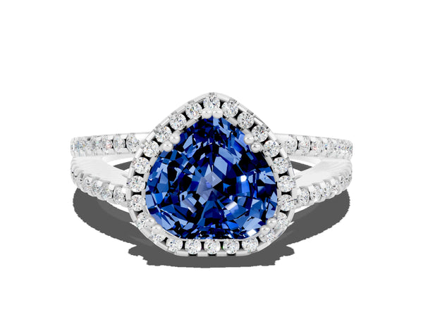 Silver Heart Cut Blue Sapphire Halo Split Shank Engagement Ring