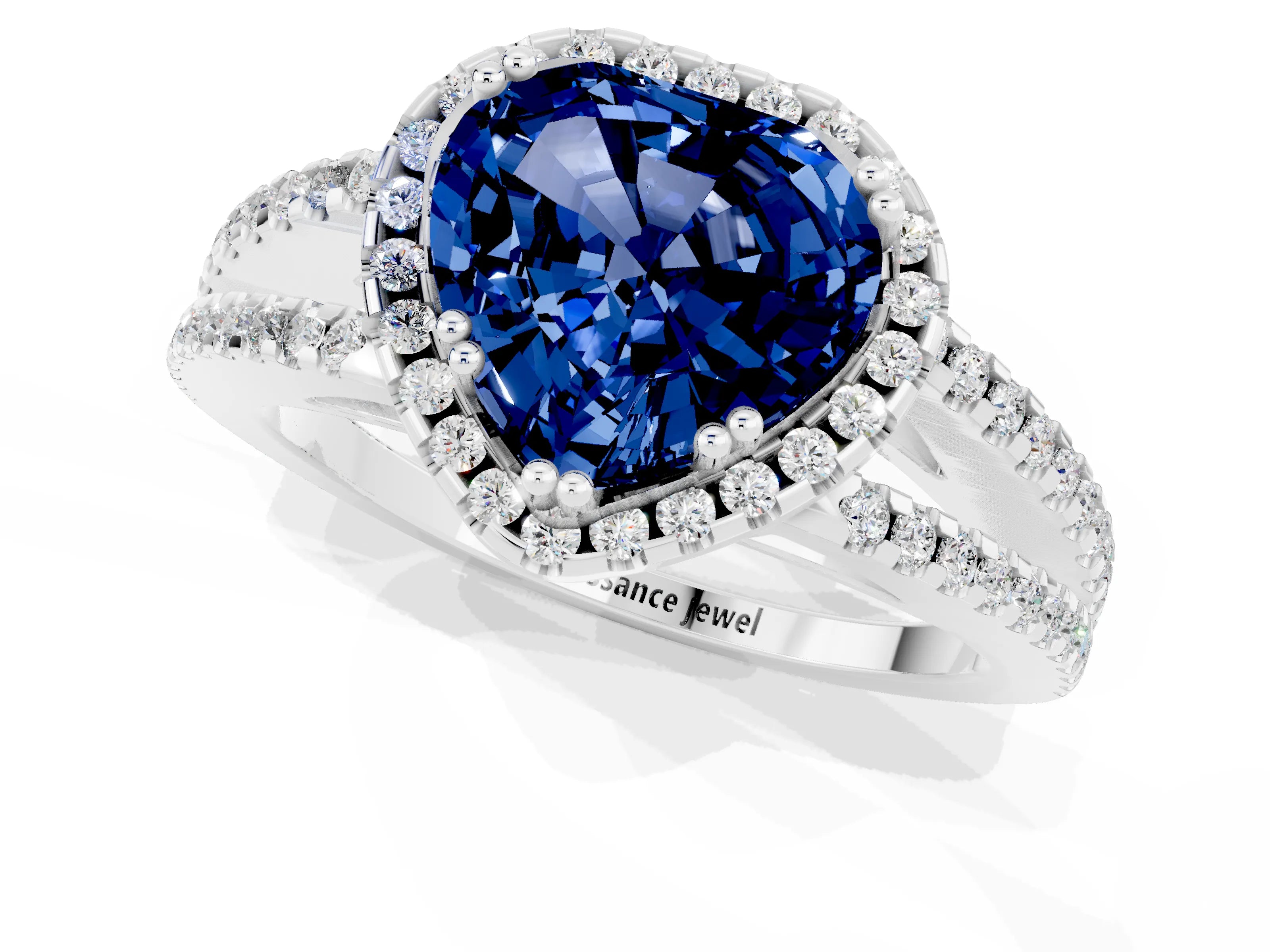 White gold Heart Cut Blue Sapphire Halo Split Shank Engagement Ring_13