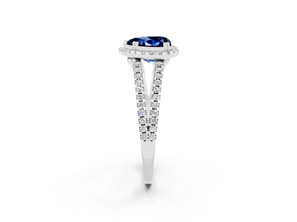 Silver Heart Cut Blue Sapphire Halo Split Shank Engagement Ring