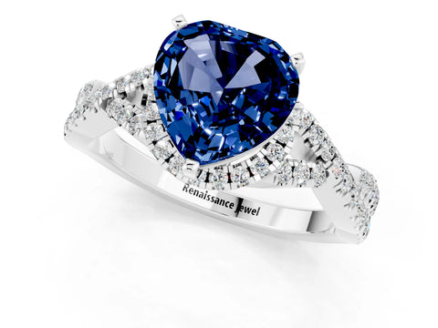 White gold Heart Cut Blue Sapphire Halo Twist Band Solitaire Prong Setting Ring_1