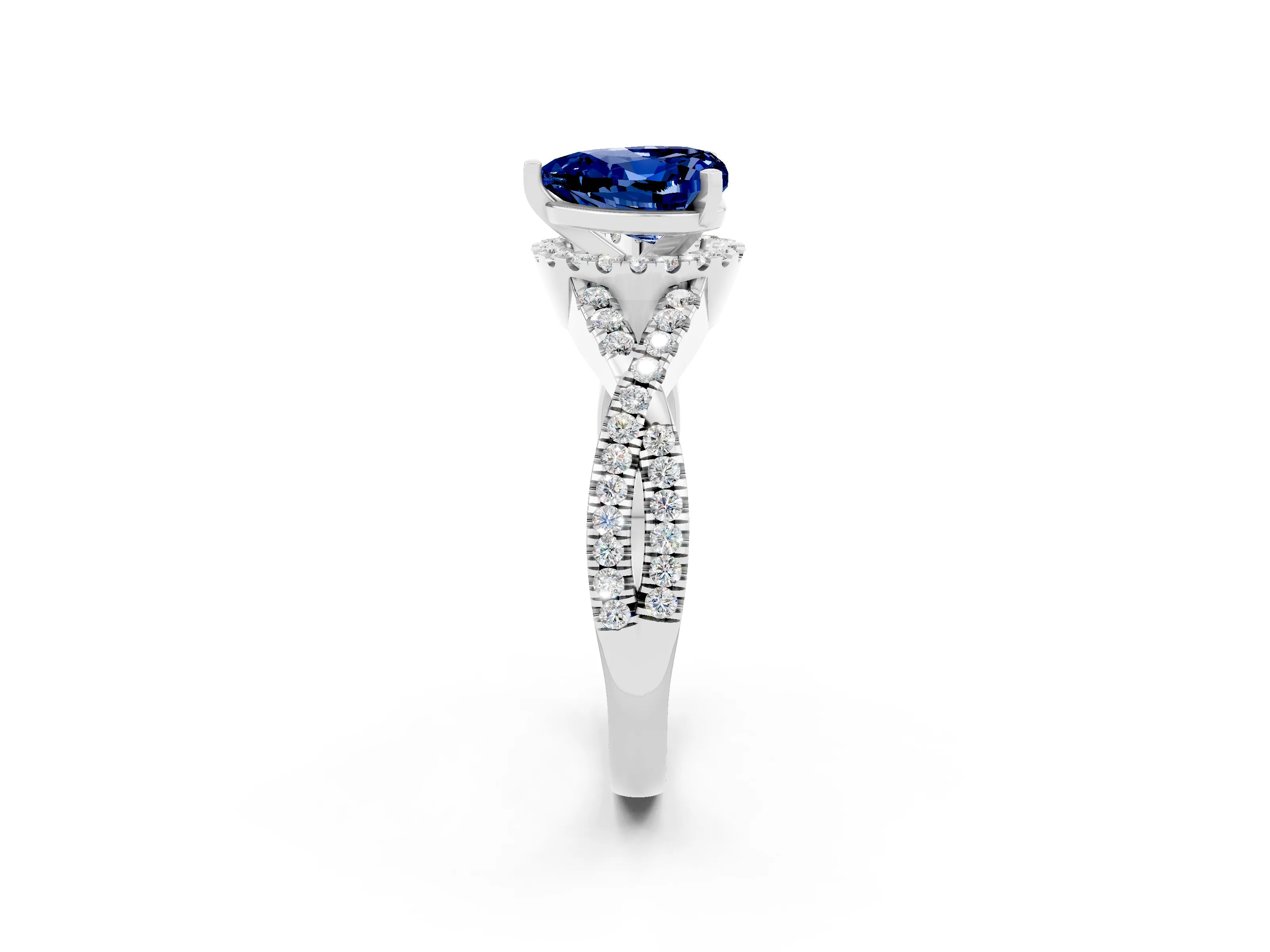 White gold Heart Cut Blue Sapphire Halo Twist Band Solitaire Prong Setting Ring_2