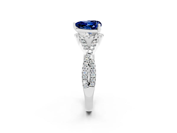 White gold Heart Cut Blue Sapphire  Halo Twist Band Solitaire Prong Setting Ring
