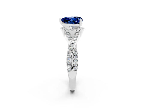 White gold Heart Cut Blue Sapphire Halo Twist Band Solitaire Prong Setting Ring_2