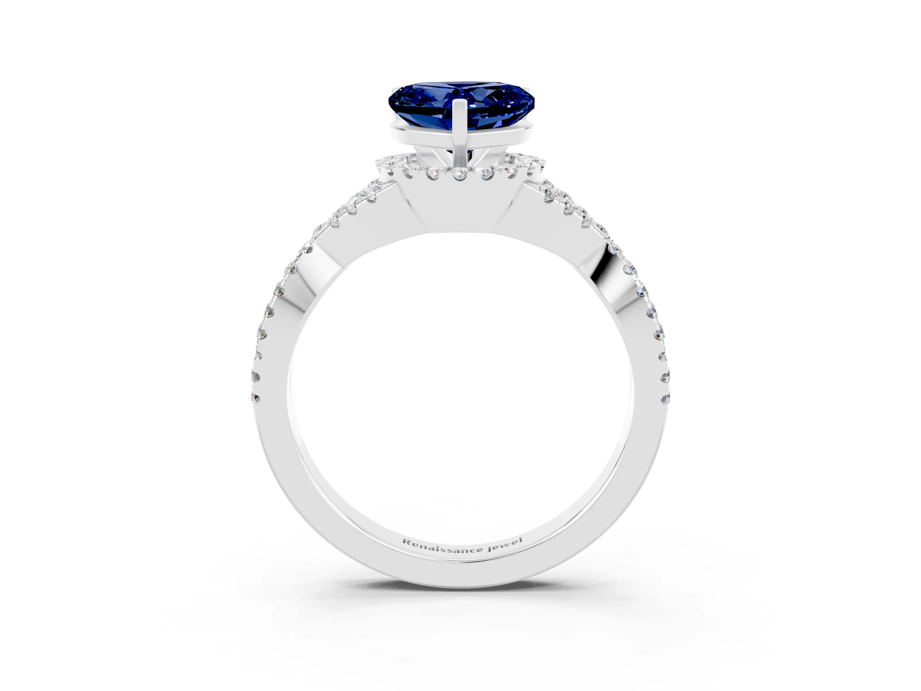 White gold Heart Cut Blue Sapphire Halo Twist Band Solitaire Prong Setting Ring_3