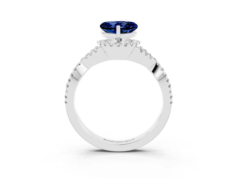 White gold Heart Cut Blue Sapphire Halo Twist Band Solitaire Prong Setting Ring_3