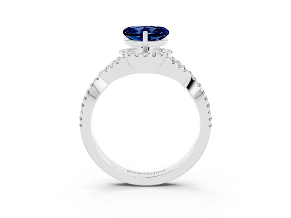 Silver Heart Cut Blue Sapphire  Halo Twist Band Solitaire Prong Setting Ring