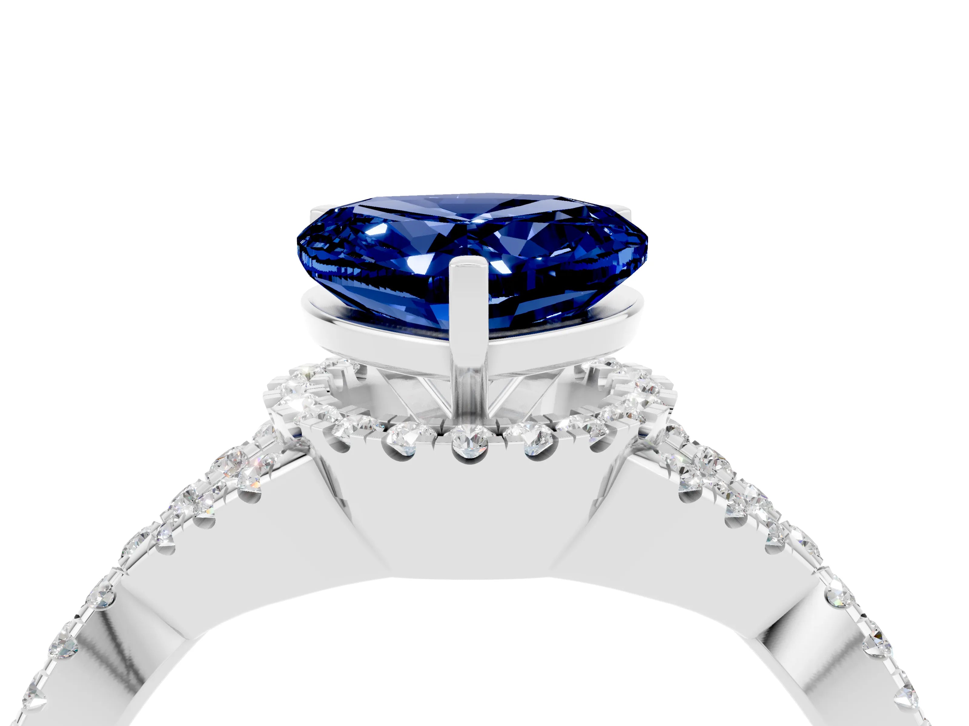 White gold Heart Cut Blue Sapphire Halo Twist Band Solitaire Prong Setting Ring_4