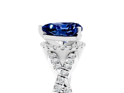 White gold Heart Cut Blue Sapphire Halo Twist Band Solitaire Prong Setting Ring_5