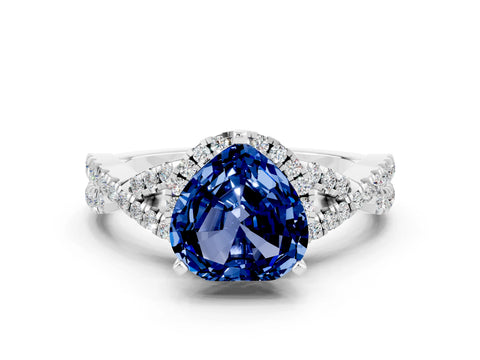 White gold Heart Cut Blue Sapphire Halo Twist Band Solitaire Prong Setting Ring