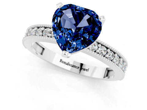 White gold Heart Cut Blue Sapphire Milgrain Pavé Engagement Ring with Four-Prong Setting_13