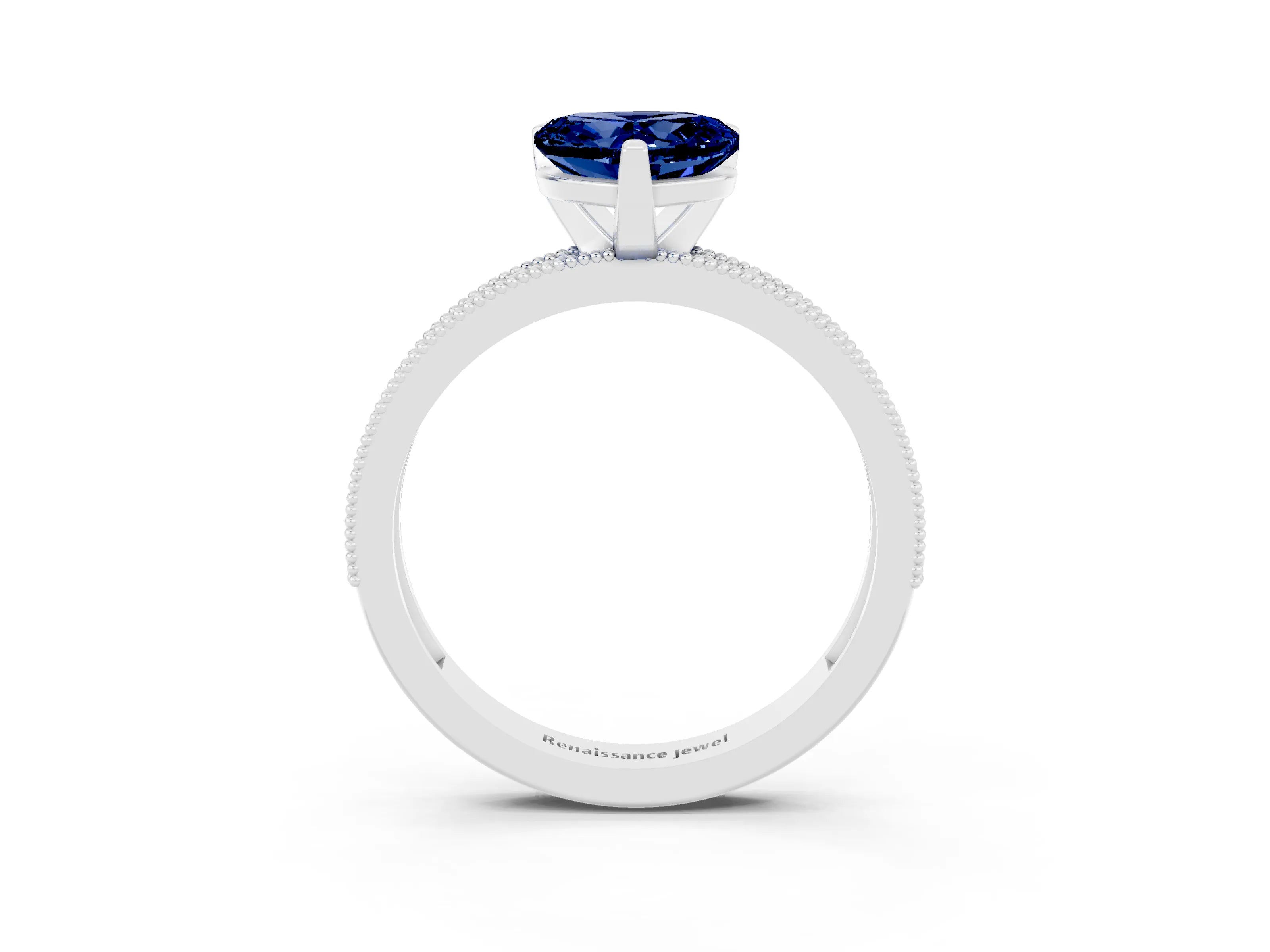 White gold Heart Cut Blue Sapphire Milgrain Pavé Engagement Ring with Four-Prong Setting_15