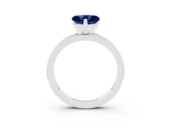 White gold Heart Cut Blue Sapphire Milgrain Pavé Engagement Ring with Four-Prong Setting