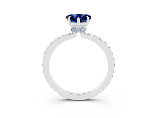 White gold Heart Cut Blue Sapphire Pavé Engagement Ring with Round  Accents and Prong Setting