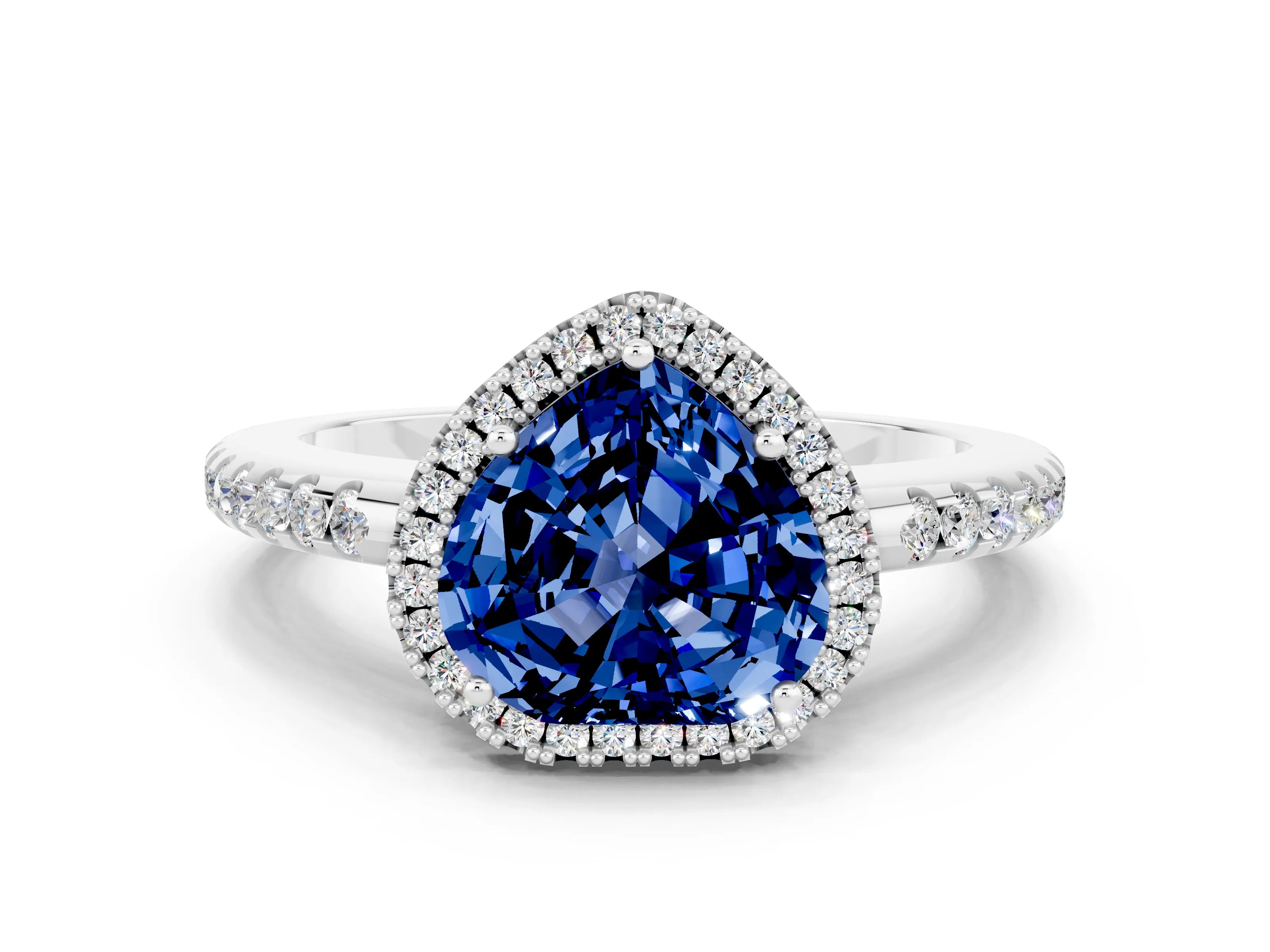 White gold Heart Cut Blue Sapphire Pavé Halo Ring with Four-Prong Setting_30