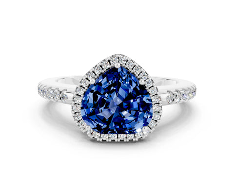 White gold Heart Cut Blue Sapphire Pavé Halo Ring with Four-Prong Setting_30