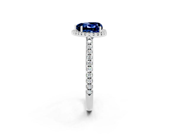 Platinum Heart Cut Blue Sapphire Pavé Halo Ring with Four-Prong Setting