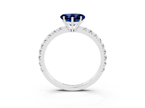 White gold Heart Cut Blue Sapphire Pavé Solitaire Engagement Ring with Four-Prong Setting