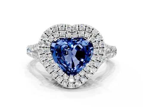 White gold Heart Cut Blue Sapphire Pavé Split Shank Double Halo Engagement Ring