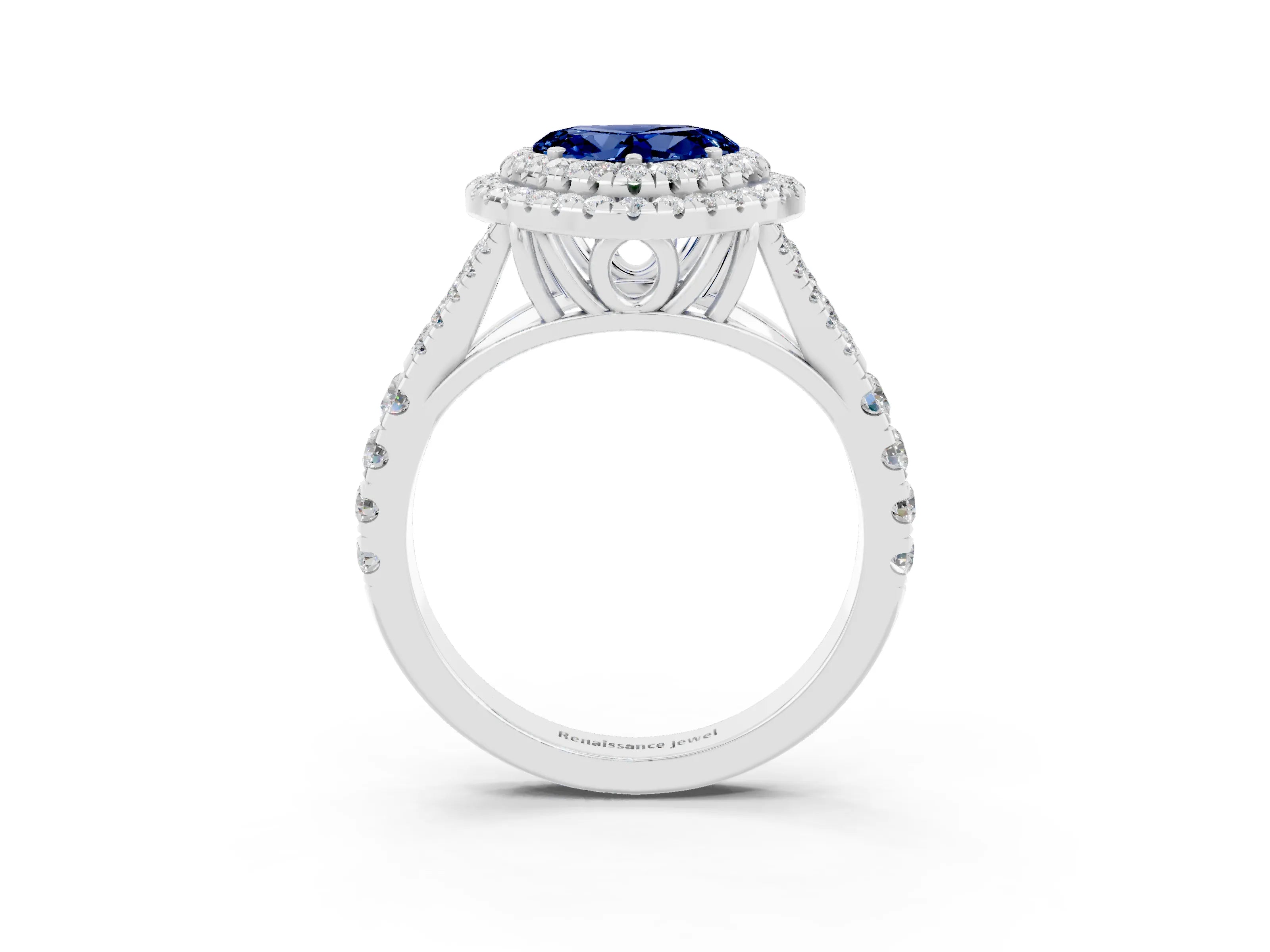 White gold Heart Cut Blue Sapphire Pavé Split Shank Double Halo Engagement Ring_3
