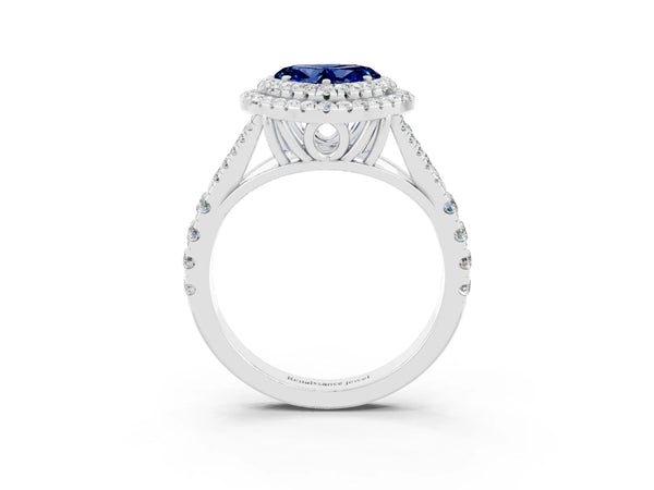 White gold Heart Cut Blue Sapphire Pavé Split Shank Double Halo Engagement Ring
