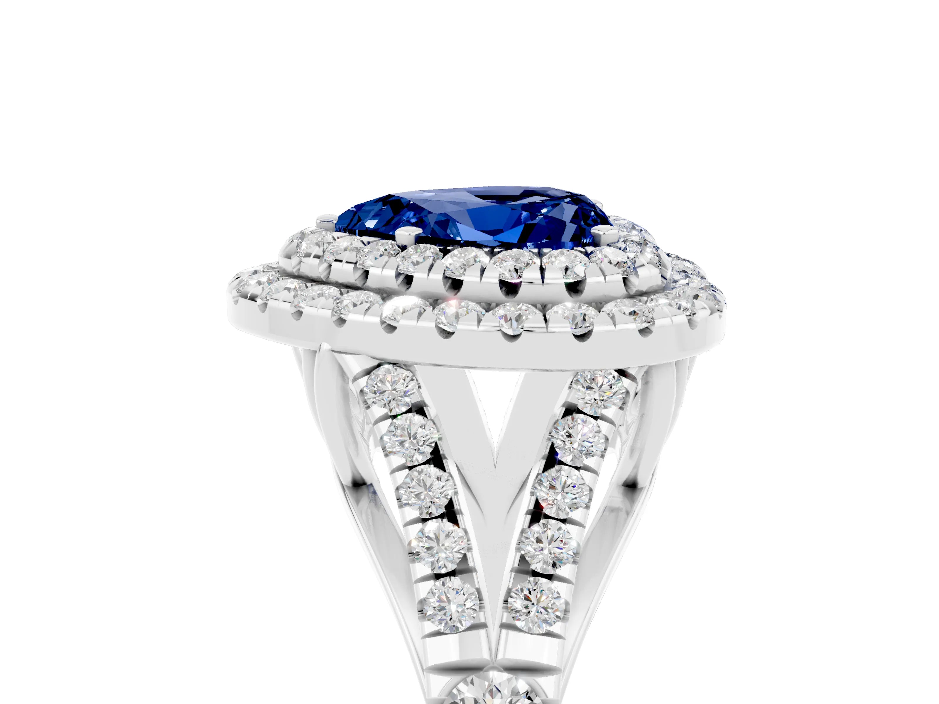 White gold Heart Cut Blue Sapphire Pavé Split Shank Double Halo Engagement Ring_5