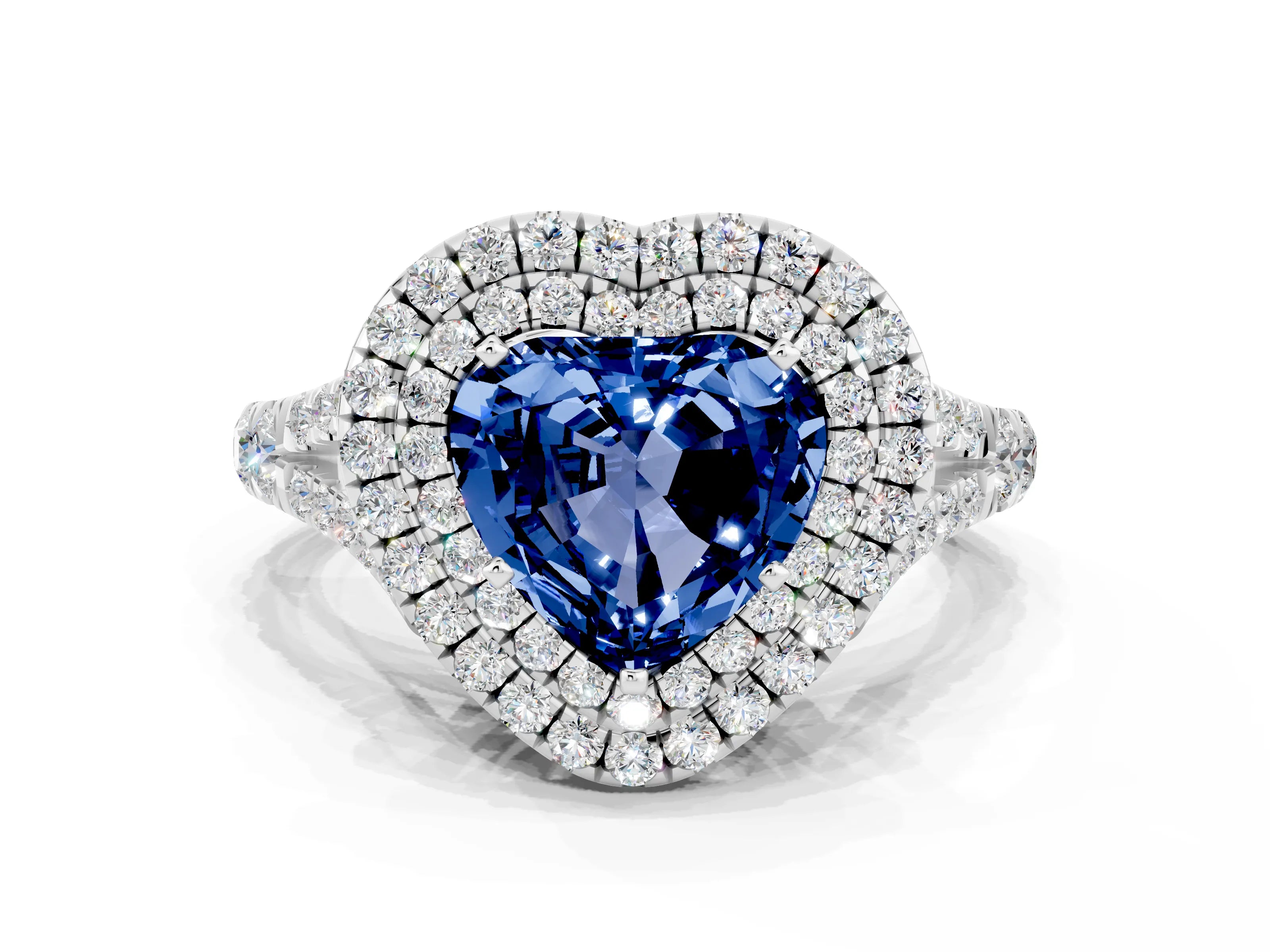White gold Heart Cut Blue Sapphire Pavé Split Shank Double Halo Engagement Ring